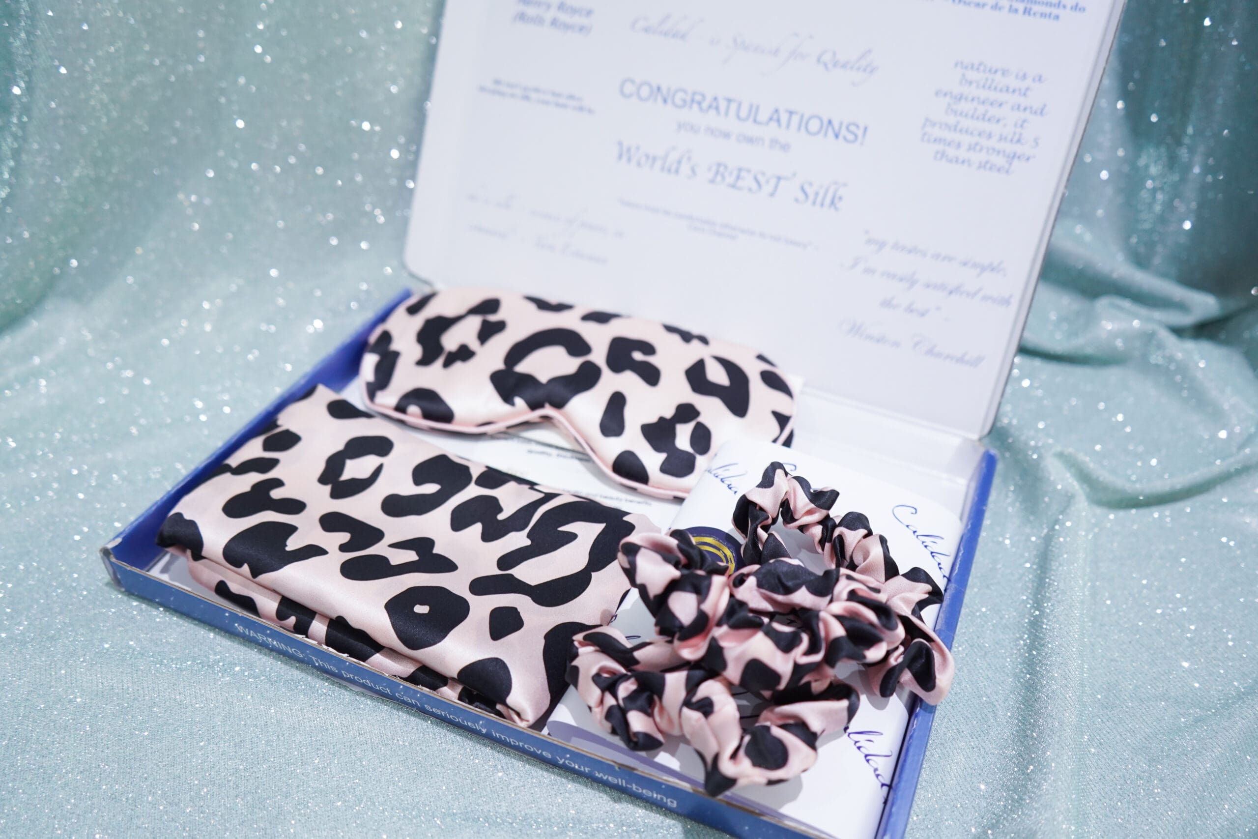 mother's day gift guide 2022, Leopard Print Silk Pillowcase Eye Mask & Scrunchies Collection