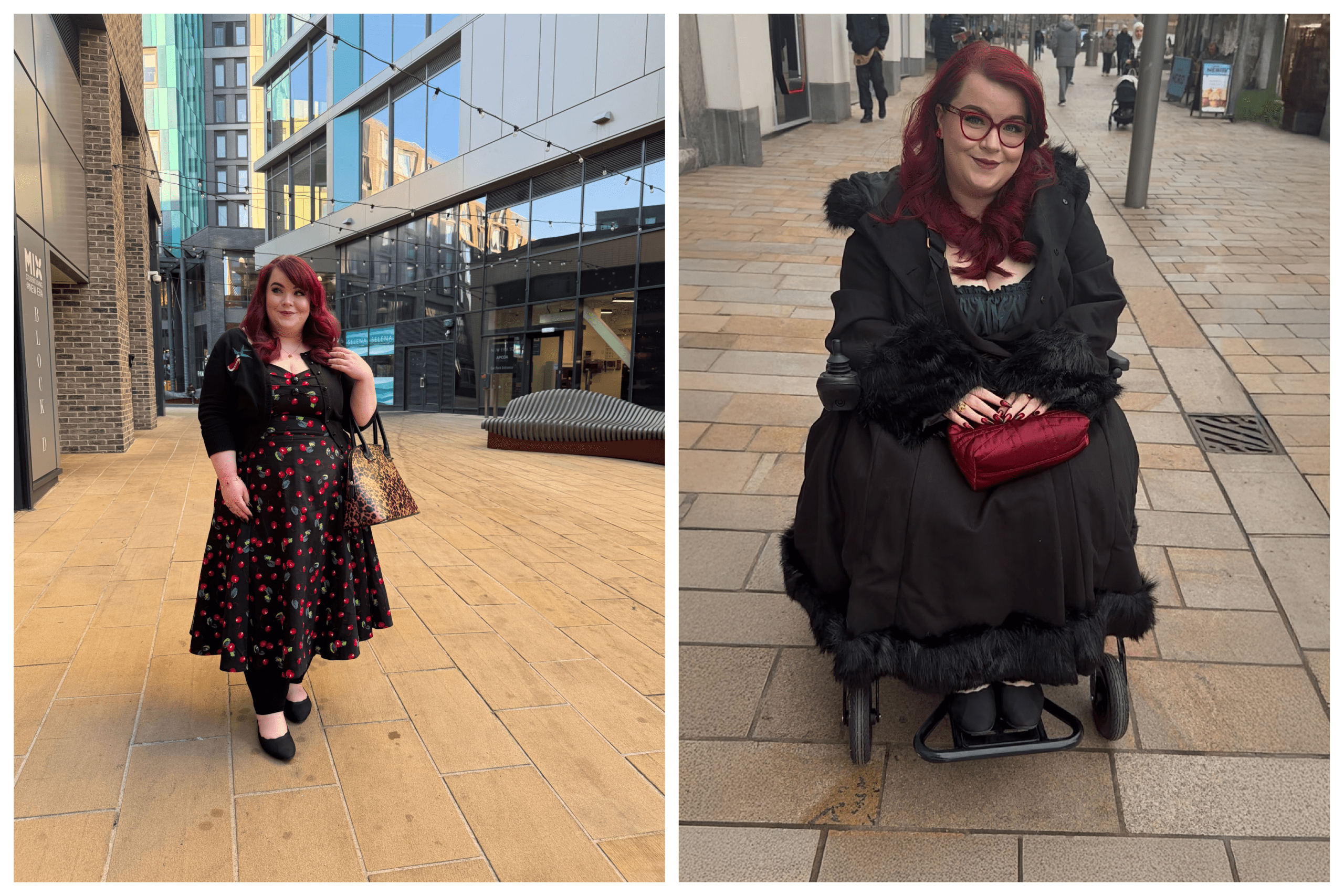 2025 Roundup - Personal Post 1 a collage of two photos, georgina wearing a cherry print dress in the first, georgina sitting in her wheelchair wearing her new glasses in the second, 2025 roundup, georgina grogan, shemightbeloved