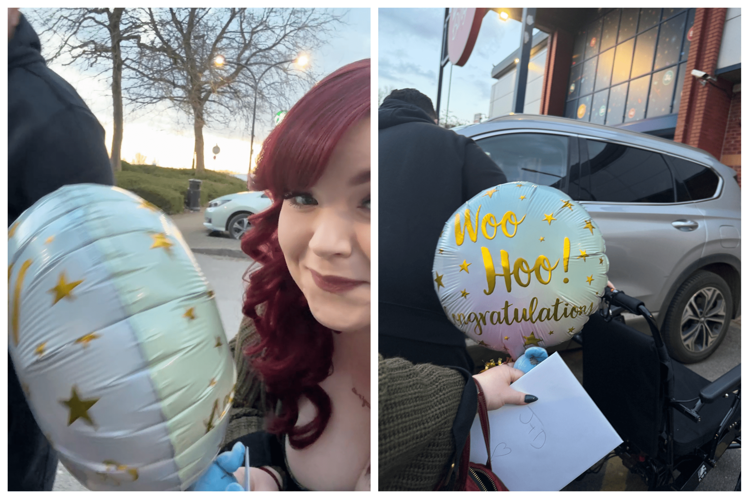 2025 Roundup - Personal Post 3 georgina and alfie hiding behind a car with congratulations balloons